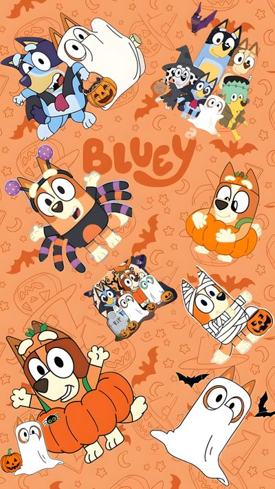 an orange background with lots of cartoon characters on it Bluey And Bingo Halloween Halloween Door Decorations Classroom, Halloween Iphone Backgrounds, Halloween Backgrounds, sandy brown