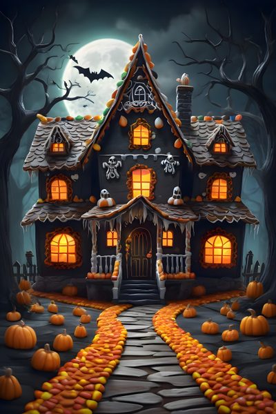 a halloween house with pumpkins on the ground Halloween House Ideas Paper Piecing, Halloween, dark slate gray