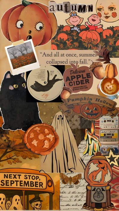 a collage of halloween related items including pumpkins, cats and other things that are all over the place Nostalgic Halloween Iphone Autumn Phone, Future, Words, Holiday, Pretty Phone, Phone Patterns, sienna