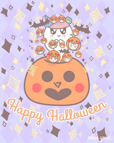 an image of a happy halloween card Seventeen Halloween Cute Halloween Ghost And Pumpkins, Cute Halloween Party Decor, Halloween Card Design Ideas, lavender