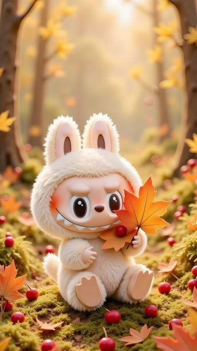 a stuffed animal holding an autumn leaf in the woods Halloween Labubu Labubu Live With Flashlight, Labubu 4k, Live Iphone Labubu, Labubu Phone, dark khaki