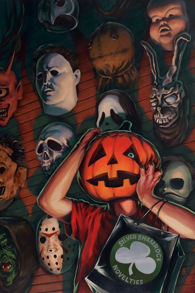 a painting of a person holding a pumpkin in front of many other halloween masks on the wall Halloween Iii Season Of The Witch Trick R Treat, Trick R Treat Movie, Trick Or Treat Horror Movie, dark slate gray