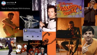 a collage of photos with various people and musical instruments in the middle one has a skeleton on it One Direction Halloween Halloween Music Playlist, Halloween Party Decoration Ideas, Harry Styles Halloween Collage, saddle brown