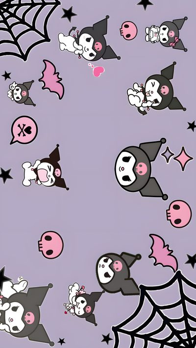an image of halloween stickers on a purple background with black stars and white bats Halloween Cute Kuromi Halloween Themes For Mobile, silver