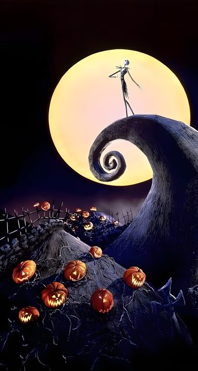the jack - o'- lantern is on top of a hill with pumpkins Nightmare Before Christmas Halloween Town Halloween The Nightmare Before Christmas Iphone, Halloween Iphone Tim Burton, Nightmare Before Christmas For Iphone, black