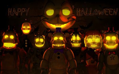 a group of halloween pumpkins with glowing eyes and faces in front of a dark background Fnaf Halloween Fnaf Halloween, Five Nights At Freddy's, Pumpkin Carving, Happy Halloween, Carving, black