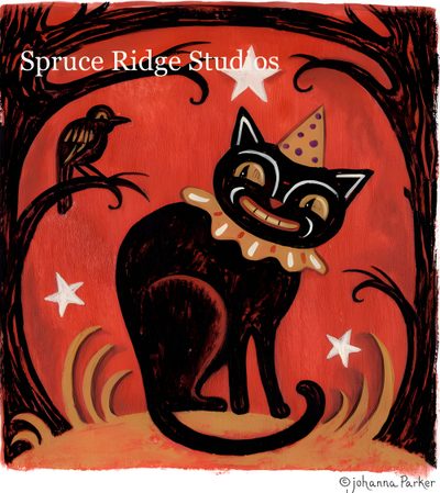 a black cat wearing a party hat and sitting in front of a tree with birds on it Johanna Parker Halloween Johanna Parker, Johanna Parker Halloween Printable, Johanna Parker Moon, brown