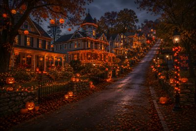 a street decorated for halloween with lots of pumpkins on the trees and lights all around Halloween Town 4k Halloween Town Aesthetic, Spooky Town, Halloween Trees, Halloween Quotes, black