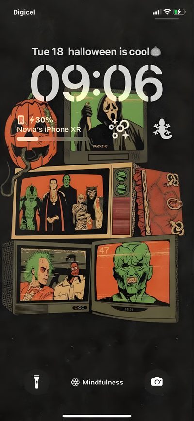 an advertisement for the 13th halloween is cool, with images of people and monsters on them Ios 16 Aesthetic Halloween Ios Halloween, Halloween Layout, Halloween Ios 16 Lockscreen, black