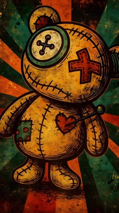 a painting of a teddy bear with cross on it's chest and eyes painted in red, green, yellow and orange Halloween Voodoo Doll Iphone Hd Nature, Savage, Baby Animal Drawings, Pop Art Images, dark olive green