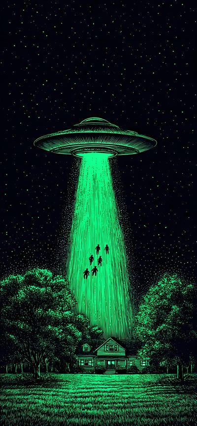 an alien ship flying through the night sky over a green field with trees and houses Alien Halloween Aliens And Ufos, Pop Art, Psicodelico, Ufo Phone, Abstract Art, Psy Art, black