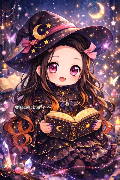 a girl in a witch costume reading a book Nezuko Kamado Halloween Demon King Anime, Demon King, Halloween, Halloween Art, Demon Slayer, dark slate gray