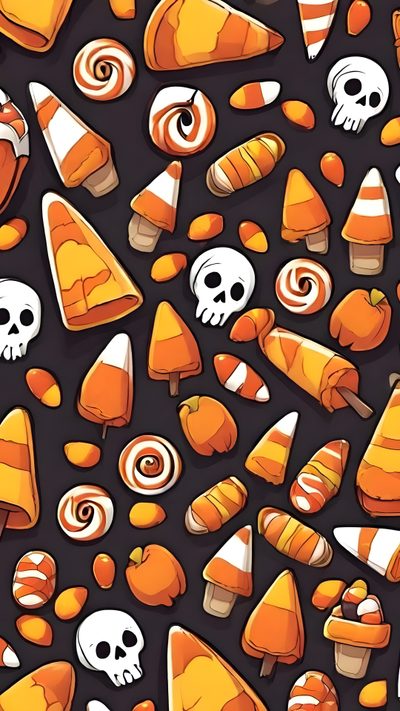 an orange and white candy pattern with skulls Halloween Candy For Walls Cute Candy Corn, Candy Corn, Halloween Candy Corn, saddle brown