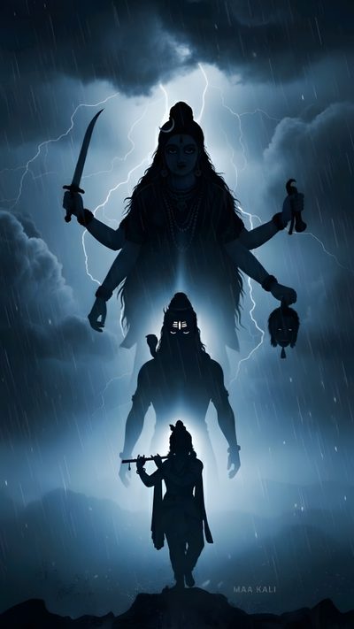 the movie poster for avatar, featuring two characters in front of a lightning sky with clouds Halloween Kali 2 Shiv Kali, Kali Ma And Shiva, Lord Shiva And Maa Kali, Shivratri, Kali Shiva, dark slate gray