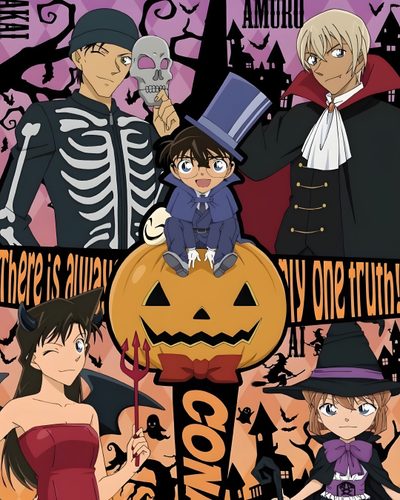 an anime poster with people dressed up as witches, skeleton and other characters on it Detective Conan Halloween Anime Halloween Official Art, Poster Conan, Detective Conan Christmas, dark olive green