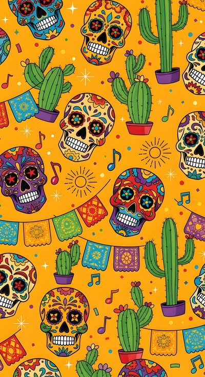 colorful skulls and cacti on an orange background Mexican Halloween Halloween, Aesthetic Backgrounds, Aesthetic Design, Design, goldenrod