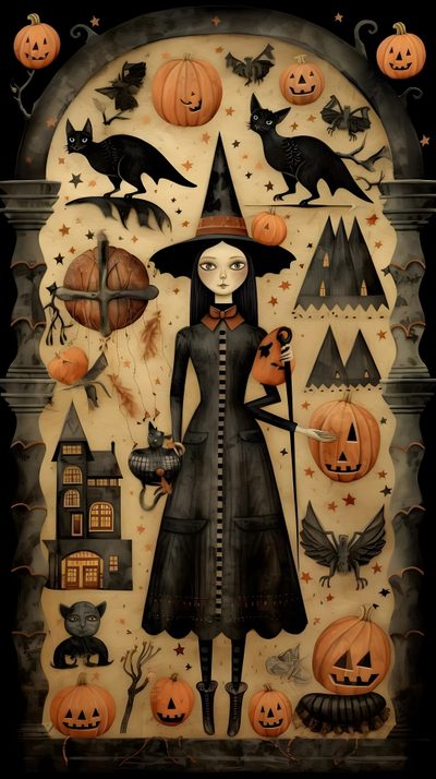 a painting of a woman dressed as a witch with pumpkins and cats around her Old Fashioned Halloween Vintage Halloween Witch, Holidays Halloween, Pumpkin People, dark olive green