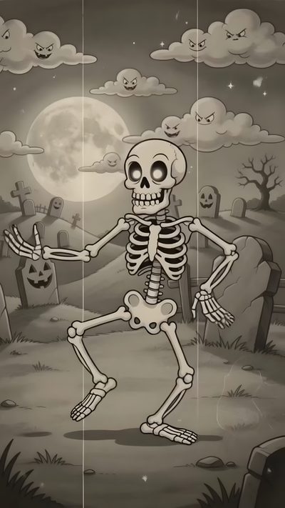 a skeleton dancing in front of a full moon with spooky clouds and tombstones Halloween Dancing Skeleton After Effect Tutorial, dim gray