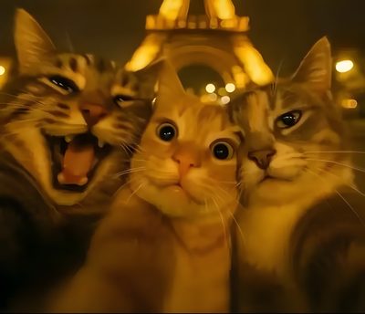 three cats with their mouths open in front of the eiffel tower Trio Halloween Trio Cat Pic, 3 Besty, Trio Profiles, 3 Cats, 3 Cats Aesthetic, saddle brown