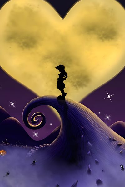a person standing on top of a wave in front of a heart shaped sky with stars Halloween Town Sora Kingdom Hearts Nightmare Before Christmas, Kingdom Hearts Sora Nightmare Before Christmas, Kingdom Hearts Town Background, dim gray