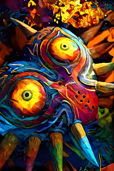 an abstract painting of a colorful animal with large eyes and long horns, on a black background Halloween Zelda Majoras Mask Art, All Spiderman, Zelda Tattoo, Legend Of Zelda Characters, dark slate gray