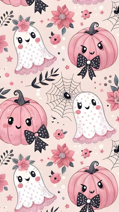 a pink and black pattern with pumpkins, flowers and spider web on the side Pink Disney Halloween Pink Halloween Pictures, Pink Halloween Aesthetic, Pink Halloween Iphone, antique white