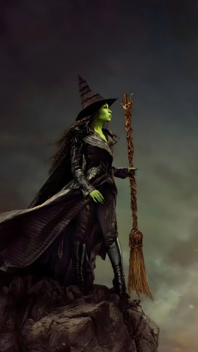 a wizard holding a broom on top of a rock Wicked Halloween Witch From Wicked, Wicked Oz, Elphaba Wicked 2, Elphaba Broom, dark slate gray