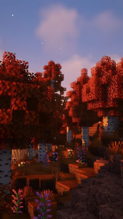an image of some trees and bushes in minecraft with the sky in the background Minecraft Halloween Minecraft Fall Background, Minecraft Fall, Minecraft Mushroom Biome, maroon