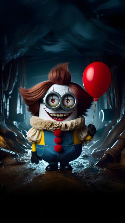 a creepy clown holding a red balloon Wrecking Ball Halloween 4k Halloween Minion Rush, Minions Halloween, Minion Clown, Demon Minion, black