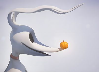 a white sculpture holding an orange in its mouth Zero Halloween Jack Skellington, Before Christmas, Zero Nightmare Before Christmas, light gray