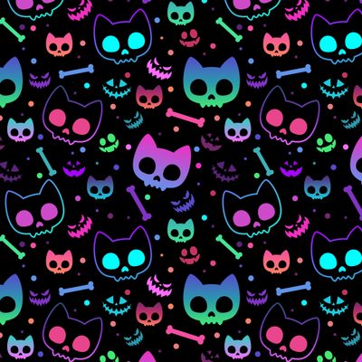 a black background with colorful skulls and cats Neon Halloween Pattern Neon Bat Pattern Design, Pastel Cat Skull, Neon Bat Pattern, black
