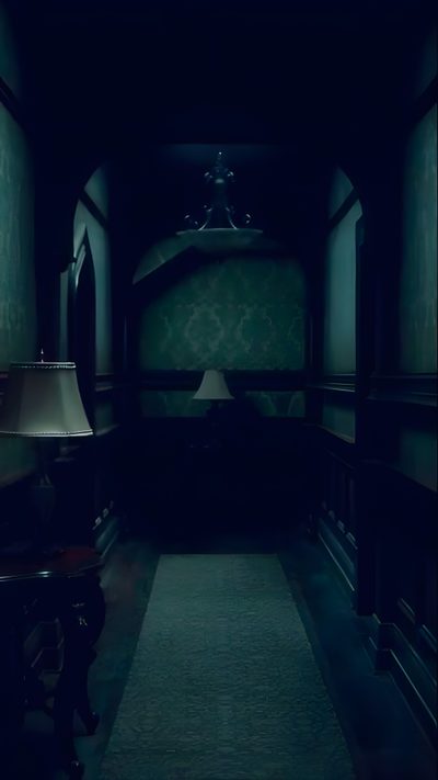 a dark hallway with a lamp on the end table and green wallpapered walls Halloween Hallway Inside Hill House, Horror House Aesthetic, Haunted Manor, Heelshire Mansion, black