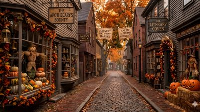 a cobblestone street lined with shops and pumpkins Halloween Village 4k Vanilla Chai, Cafe Food, Phone Backgrounds, Animal Crossing, Halloween, saddle brown