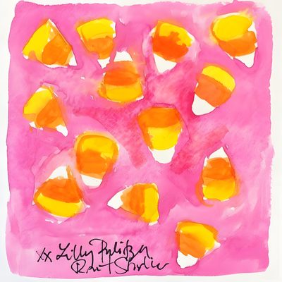 an art project with watercolor and ink on paper, depicting oranges in pink and yellow Lilly Pulitzer Halloween Candy Corn Watercolor, Lilly Pulitzer Pumpkin, Candy Corn Watercolor Painting, hot pink
