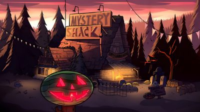an animated halloween scene with a jack - o'- lantern in the foreground Gravity Falls Halloween Mystery Shack, Mystery Shack Background, Gravity Falls Background Computer, dark slate gray