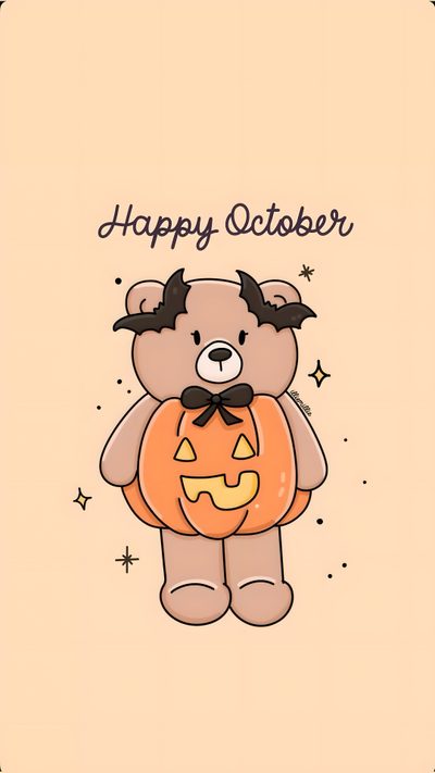 a teddy bear holding a pumpkin with the words happy october October Preppy Halloween Sassy, Happy October, Emoji Stickers Iphone, Halloween Cute, peach puff