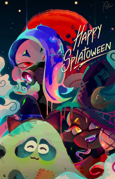 an image of a cartoon character with the words happy halloween written on it's face Splatoon Halloween Splatoon Halloween, Splatoween Official Art, Splatoon Zombie Au, dark slate gray