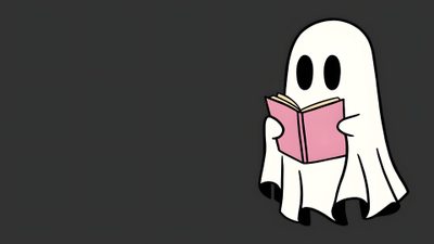 a ghost reading a book while holding it in its hands and looking at the camera Cute Halloween Desktop Minimal For Pc, Laptop Ghost, For Chromebooks, dark slate gray