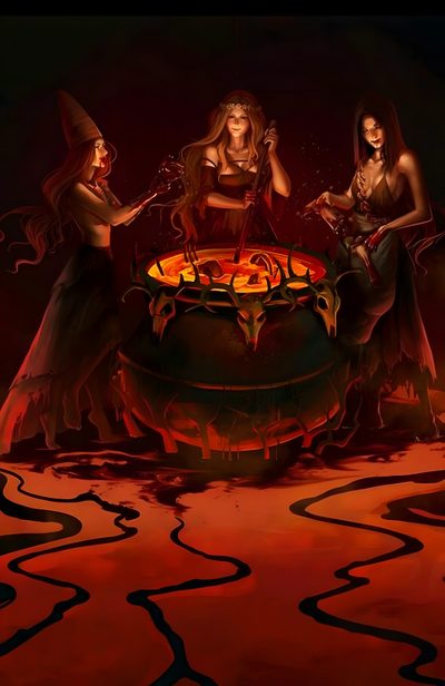 three witches sitting around a caulder filled with liquid and gold in the dark Witcher Halloween Fantasy Witch Coven Art, 3 Witches Around A Cauldron, Witches Around Cauldron, black