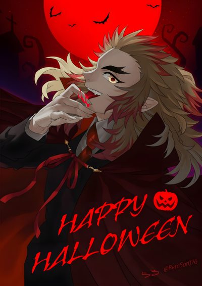 an anime character with long hair and red eyes Rengoku Halloween Halloween Demon Slayer, Halloween Rengoku, Hashira Halloween, Rengoku Halloween Pfp, black