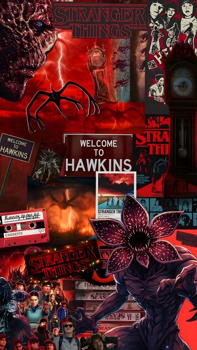 a collage of images with the words welcome to hawks on them and an image of a Stranger Things Halloween Stranger Things Background, Demogorgon Aesthetic, Stranger Things Phone, maroon