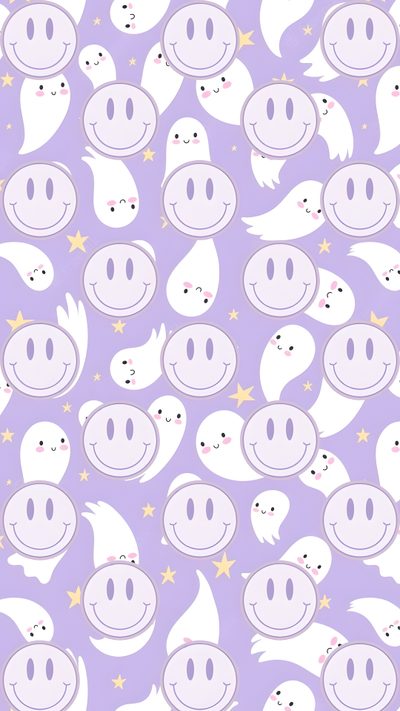 a purple background with white ghost faces and stars Halloween Smiles Lavender Fall Smiley Face, Spooky Smile, Cute Purple Fall, Purple Preppy Halloween,