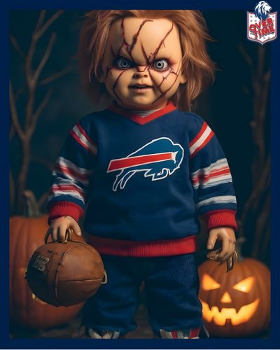 a creepy doll dressed as a football player holding a ball and wearing a helmet with the buffalo bills logo on it Buffalo Bills Halloween Buffalo Bills Stuff, Buffalo Ny, Buffalo Bills, Buffalo, dark slate gray