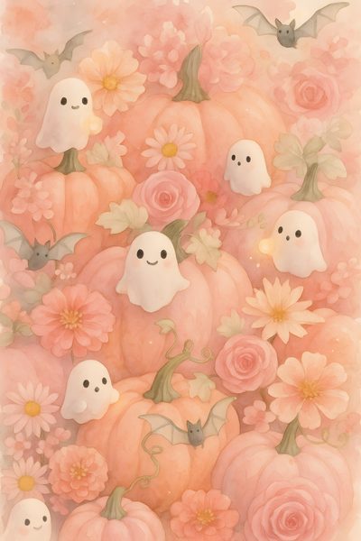 a painting of pumpkins and flowers with ghost faces in the middle, surrounded by pink roses Pastel Halloween Medium-pumpkin Patch Phone, Desktop, Halloween Decorations, burlywood