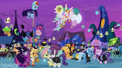 many ponies are standing in front of an amusement park My Little Pony Halloween My Little Pony, Halloween, Design, Mlp Graveyard, dark orchid