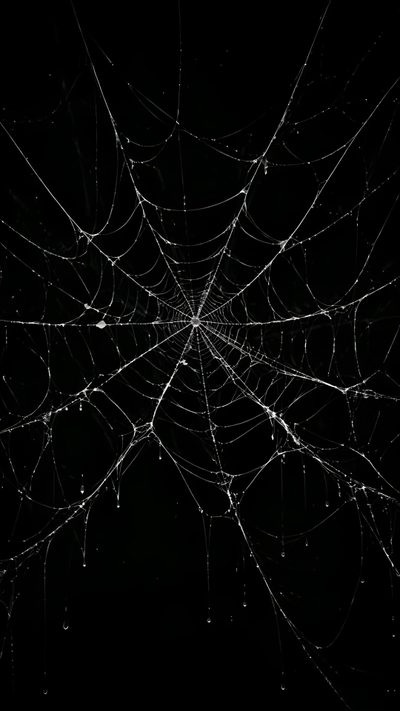 a spider web in the dark with water droplets on it's surface and black background Spider Web Halloween New Theme Text With Spider And Web, Black Background Spider Web, Spider Web,