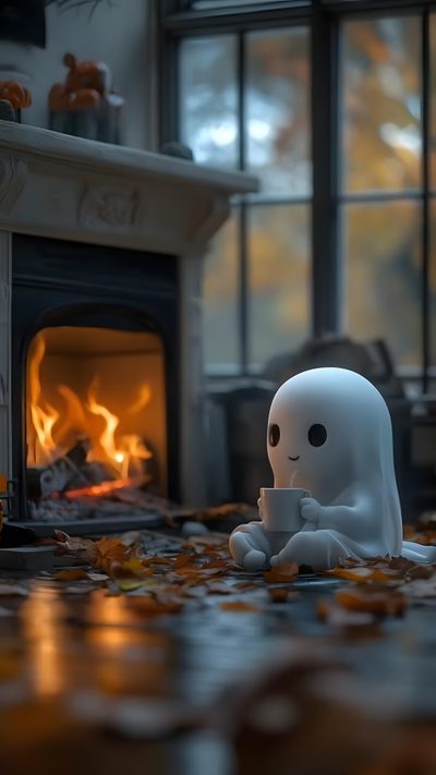a little ghost sitting in front of a fire place Cute Halloween Gif Ghost Iphone, Halloween Iphone Ghost, Halloween Ghost Iphone, Ghost Phone, dark slate gray