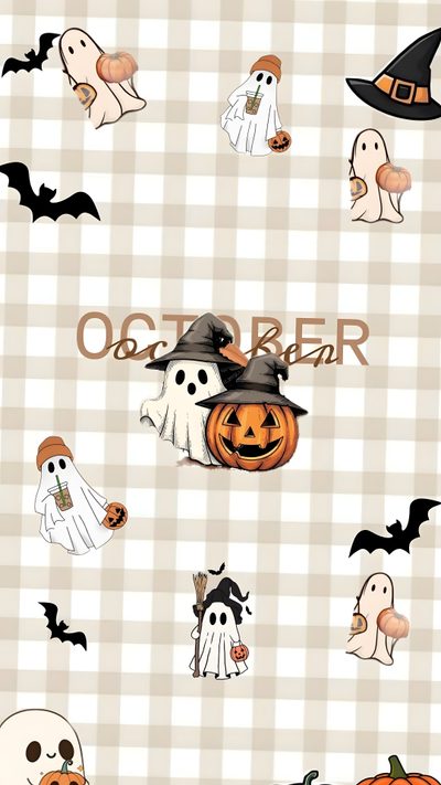 halloween wallpaper with pumpkins and ghostes Aesthetic Iphone Aesthetic Halloween Iphone Aesthetic Halloween, Cute Halloween Backgrounds Aesthetic, October Backgrounds, antique white