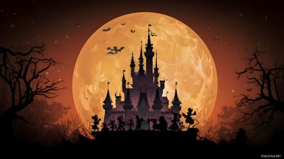 an image of a castle at night with the moon in the background Disney Halloween Ipad Disney Castle Halloween, Disney Halloween Zoom Background, Fall Disney Laptop, black