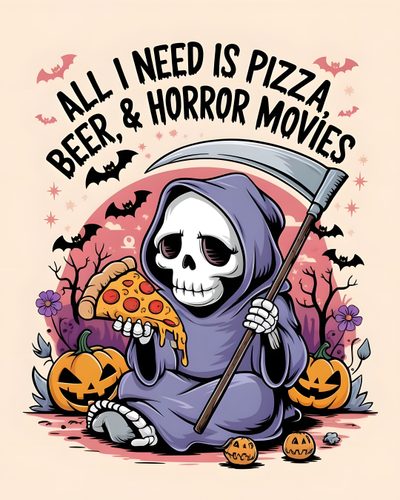 a skeleton with a scully face holding a pizza in its hand and the words all i need is pizza, beer & horror movies Halloween Pizza Cartoon Funny Halloween Art, Skeleton Pizza, Funny Halloween Drawings, antique white